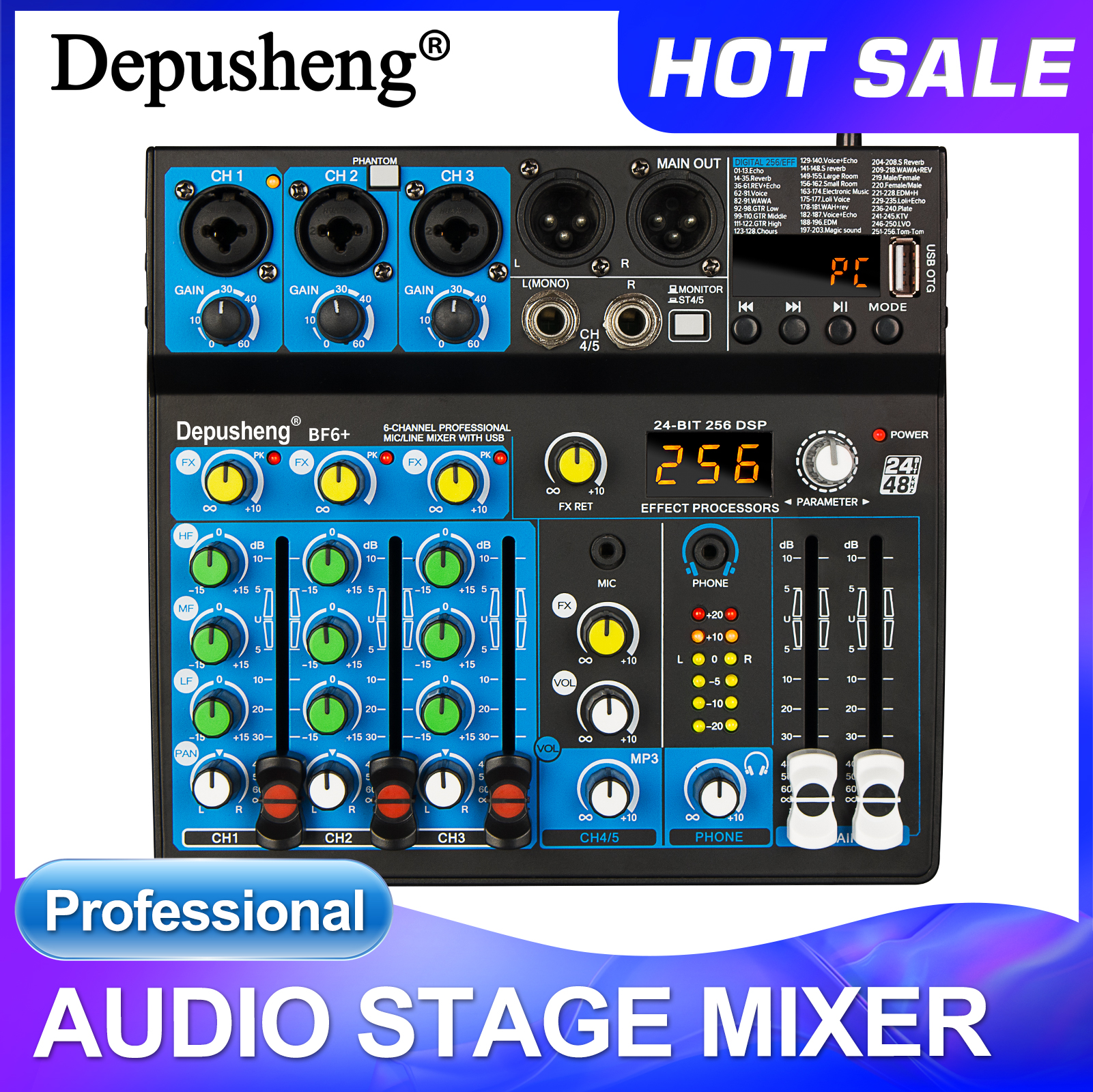Audio Mixer 4 Channel - 5 Channel USB Mixer Depusheng DJ